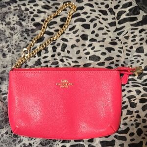 Coach Vibrant Pink Leather Wristlet with Gold Chain